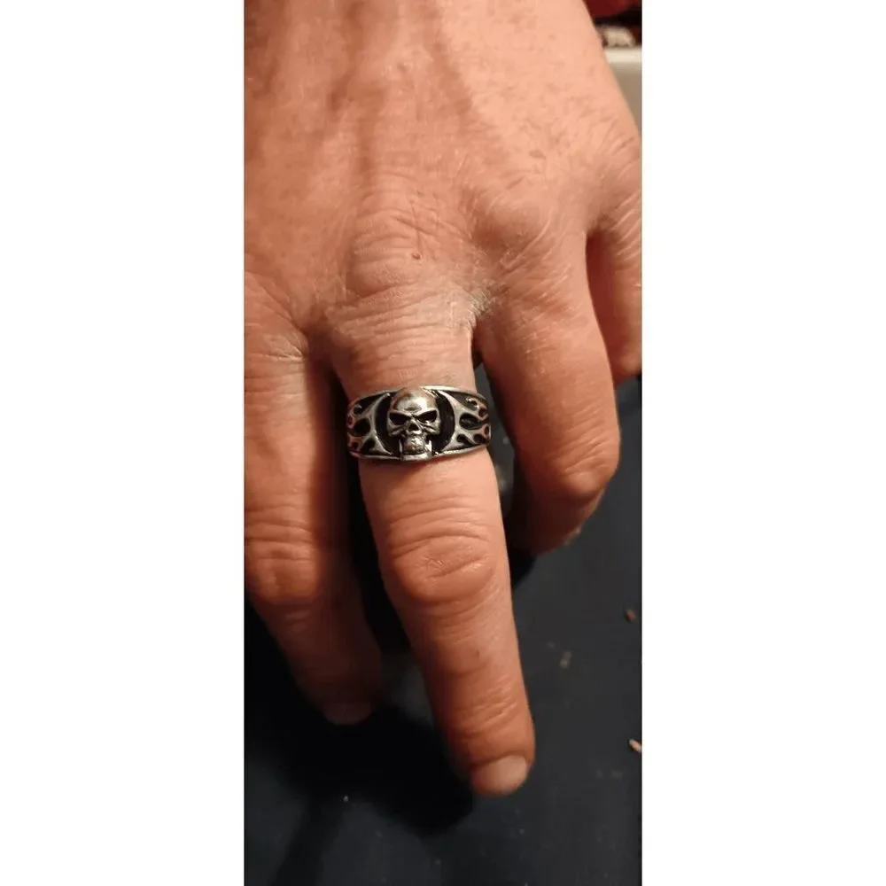 Gothic Punk Stainless Steel Skull Flaming Ring - Size 11